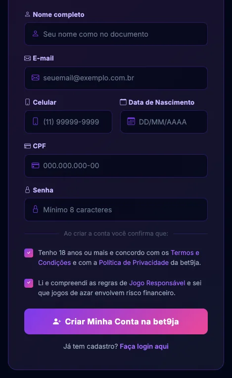 Campos desenhados da página de cadastro do bet9ja.si: nome, e-mail, celular, nascimento, CPF e senha