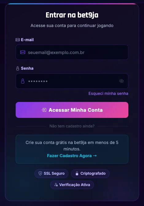 Campos de e-mail e senha da página de login do bet9ja.si, que não aceitam digitação